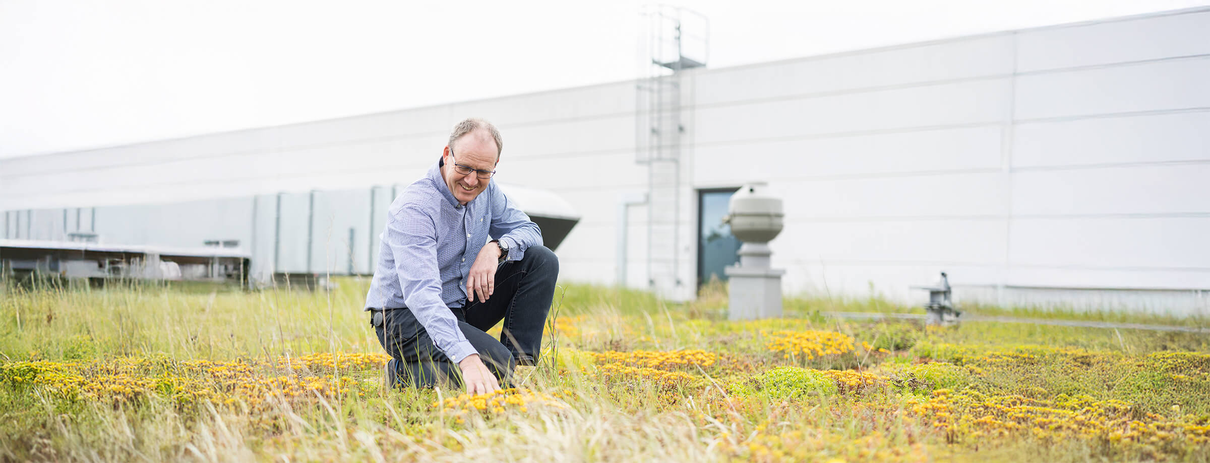 A SCHLEIFRING employee kneels in front of the company building and runs his hand over a green lawn.
