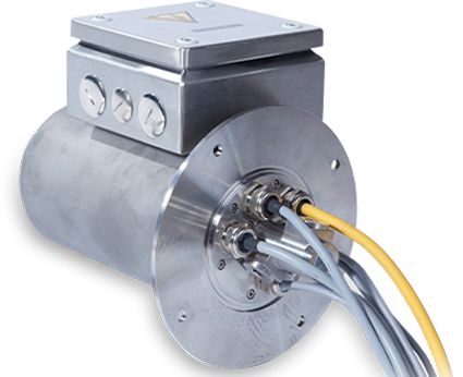 Compact slip ring with multiple connection cables for industrial applications.