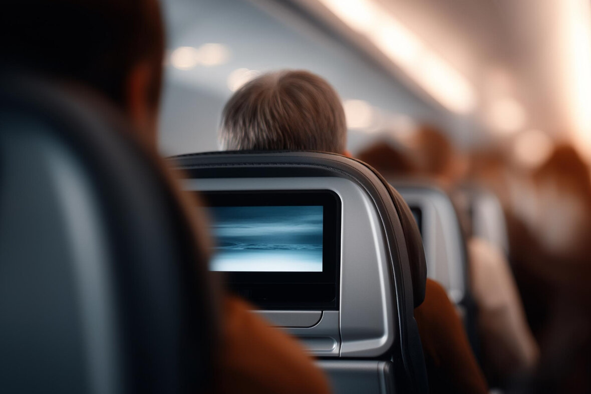 Passengers in an airplane, looking at a seat with an integrated screen in the front seat