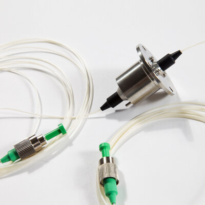 Product photo of a fiber optic rotary joint on a white background.