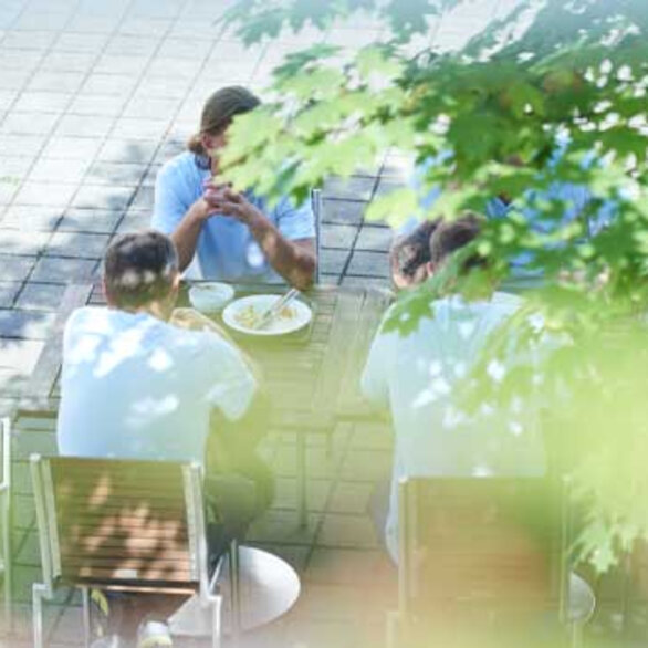 Colleagues sit outside at the table and eat together under a tree
