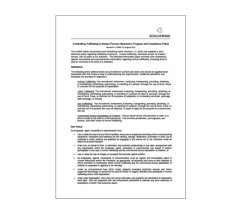 Trafficking Policy SCHLEIFRING North America